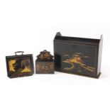 Chinese chinoiserie lacquered items including magazine rack and crumb tray, the largest 36cm H x