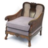 Walnut double bergere chair with purple upholstery, 80cm high