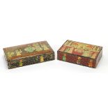 Two Indian Kashmir lacquered boxes and covers hand painted with figures praying, one with paper