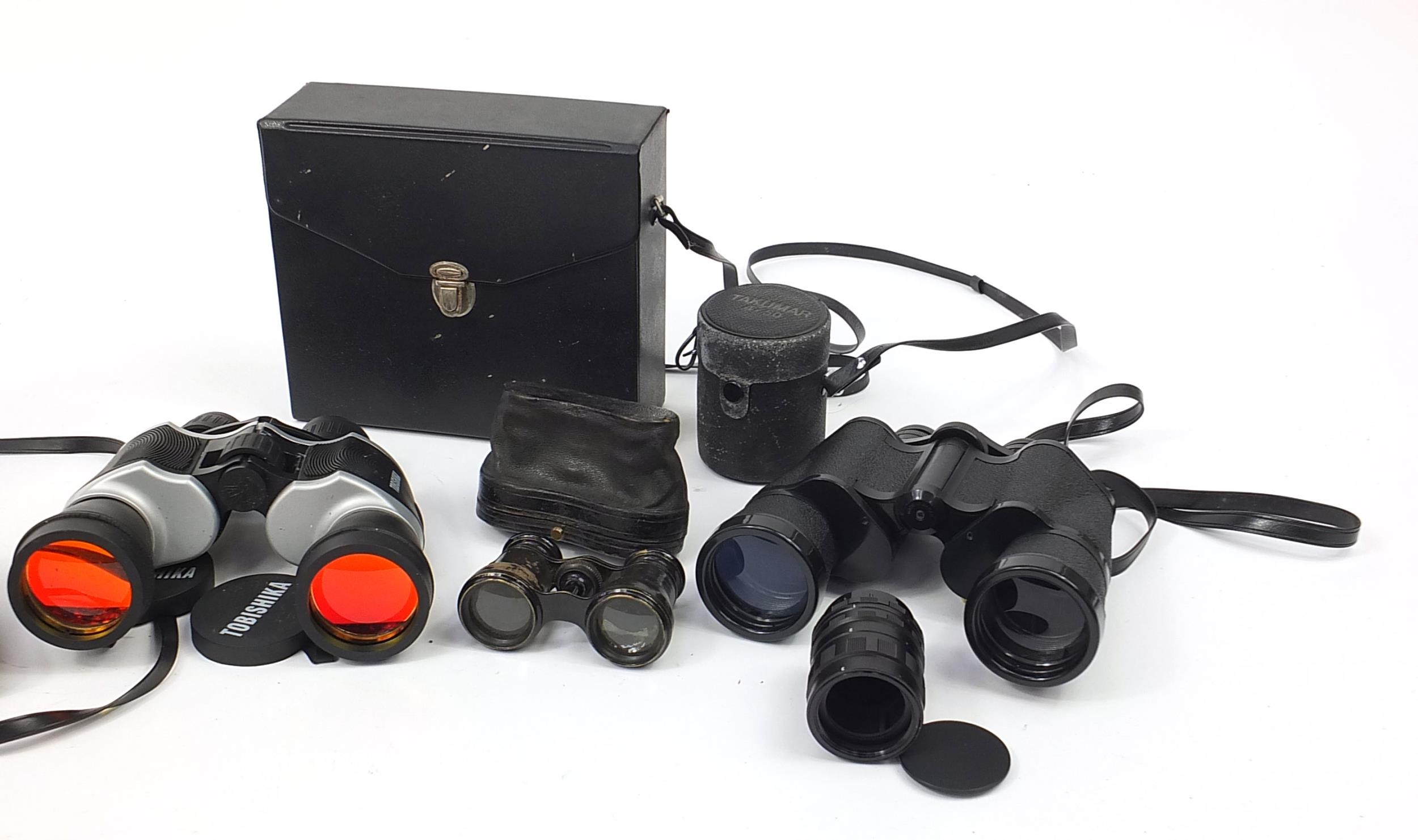 Four pairs of binoculars and a pair of opera glasses including Tobishika and Tecnar - Image 3 of 3