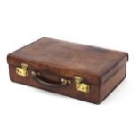 Vintage leather brief case with brass mounts, 12cm H x 41cm W x 27cm D