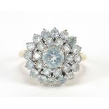 9ct gold blue topaz cluster ring, size O, 3.4g