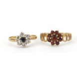9ct gold garnet cluster ring and a 9ct gold sapphire and clear stone ring, sizes L and P, 3.8g