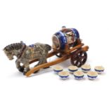 Quimper pottery comprising a horse and cart and seven cups, the largest 51cm in length