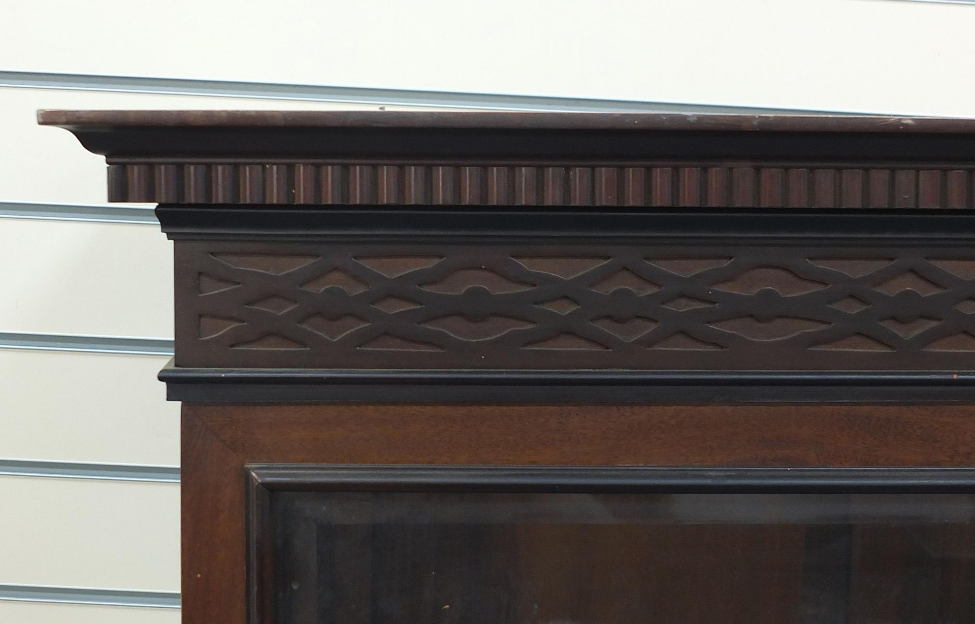 Chinese Chippendale design mahogany display cabinet with blind fret frieze, 174.5cm H x 151.5cm W - Image 2 of 4