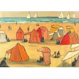 Beach huts and figures before water and boats, oil on canvas, bearing an indistinct signature,