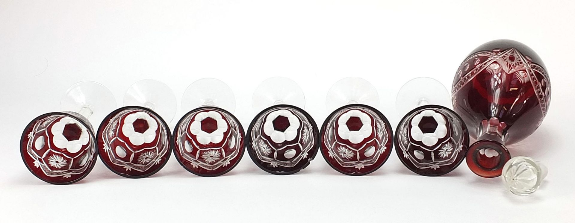 Set of six Bohemian ruby flashed cut glasses and a decanter, the largest 29.5cm high - Image 5 of 6