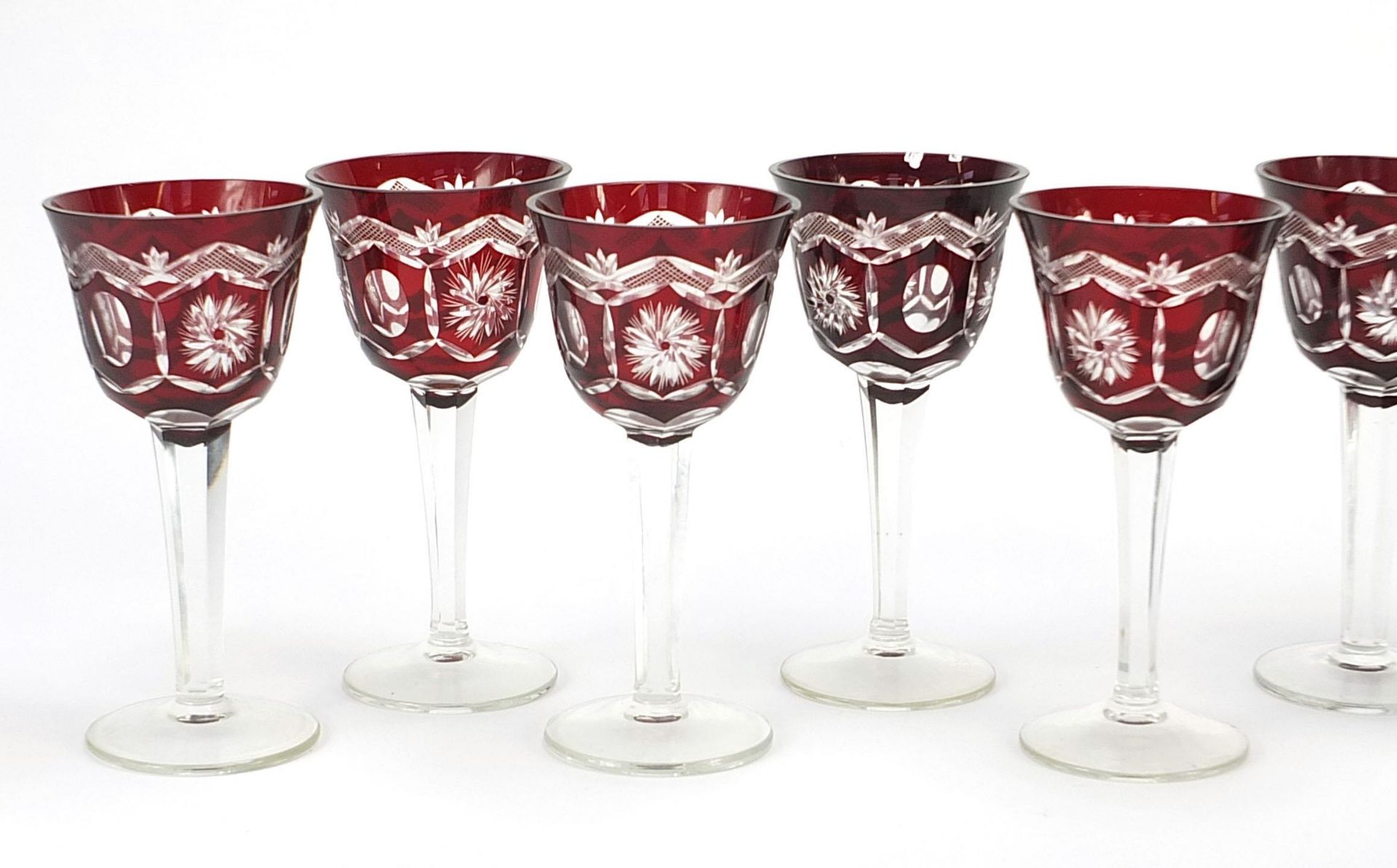 Set of six Bohemian ruby flashed cut glasses and a decanter, the largest 29.5cm high - Image 2 of 6