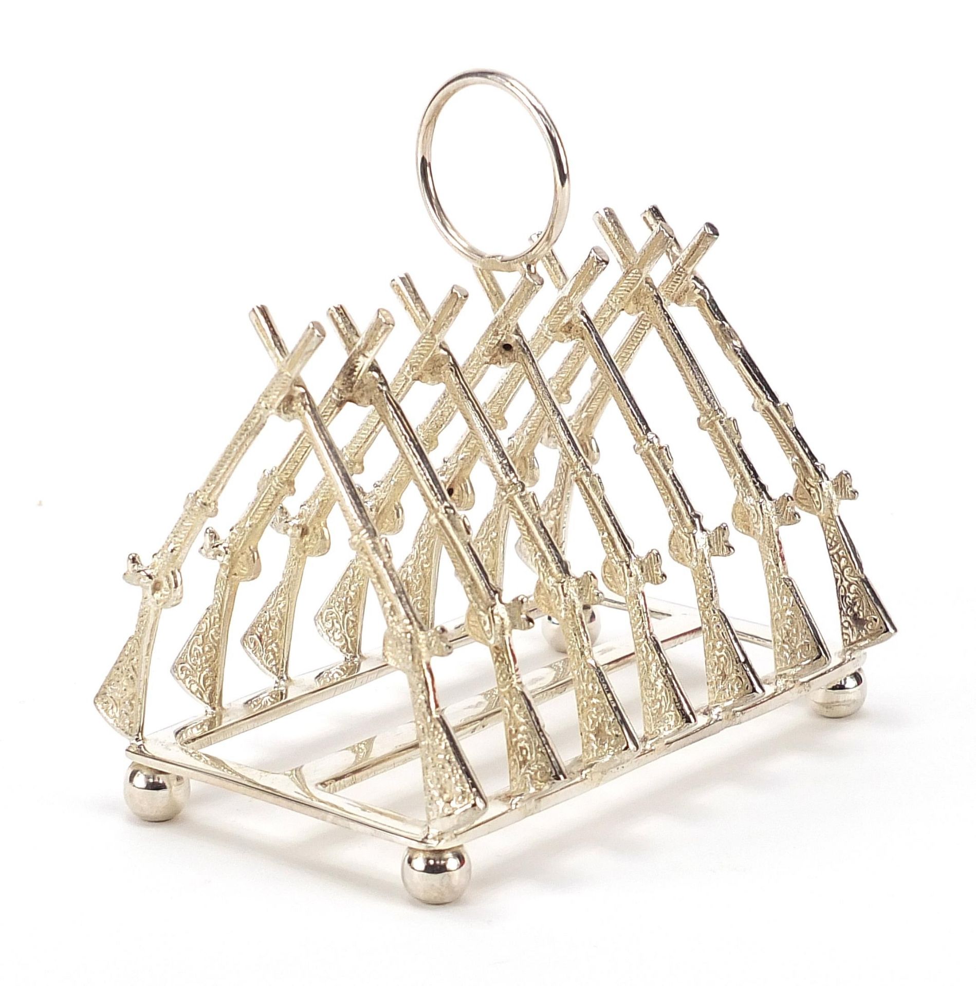 Military interest silver plated six slice toast rack in the form of rifles, 11cm in length - Image 2 of 4