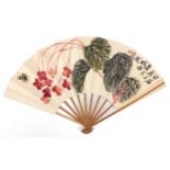 Attributed to Qi Baishi - Bee and Malus Halliana, Chinese ink and watercolour fan, 46cm wide
