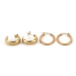 Two pairs of 9ct gold hoop earrings, the largest 2.5cm high, total 2.6g