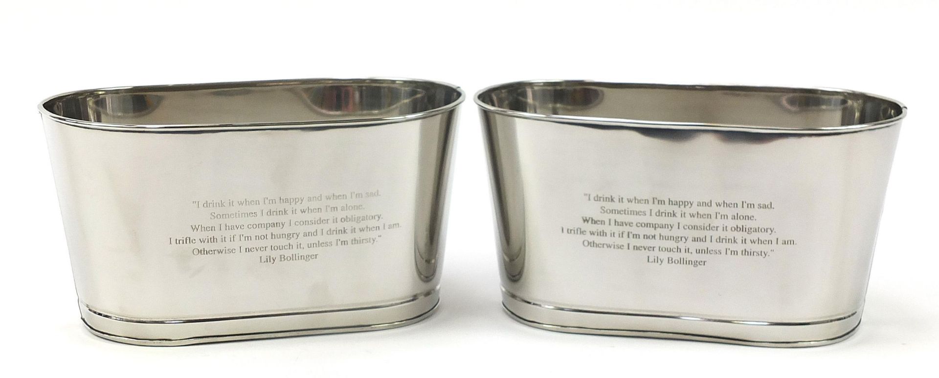Pair of silver plated ice buckets with Napoleon Bonaparte and Lily Bollinger mottos, 18cm H x 35cm W - Image 3 of 5