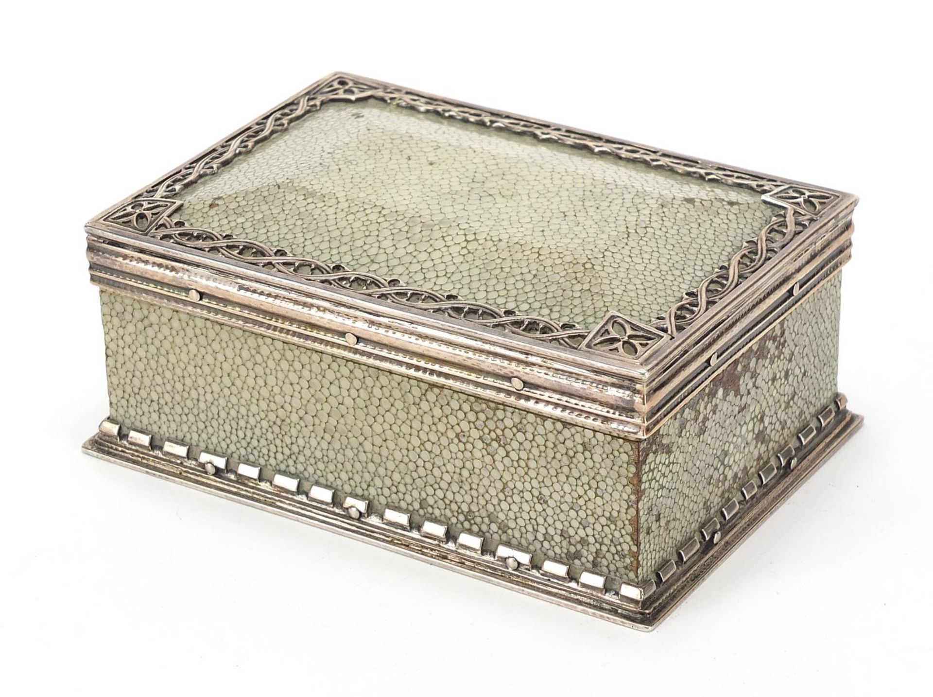 Omar Ramsden, Victorian silver and shagreen cigarette box with hinged lid, engraved Omar Ramsden