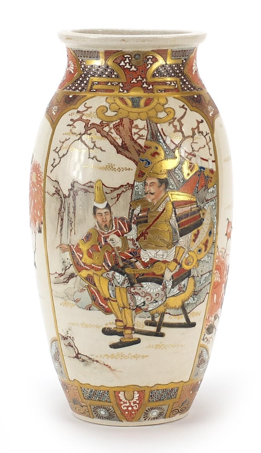 Japanese Satsuma pottery vase hand painted with figures and flowers, 29.5cm high - Image 4 of 9