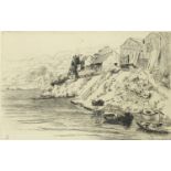 Continental river landscape with boats, print, inscribed verso Bracquemond in pencil, mounted,