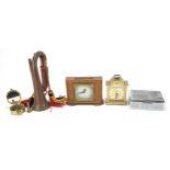 Sundry items including an Elliott mantle clock, military interest copper and brass bugle and a brass