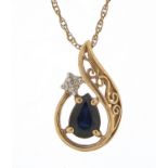 9ct gold sapphire and diamond pendant on a 9ct gold necklace, 2cm high and 46cm in length, total 2.
