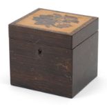 Victorian Tunbridge ware rosewood tea caddy with hinged lid having a floral inlay, 12cm H x 12cm W x