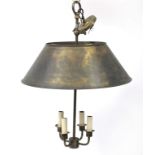 Brass four branch light pendant with shade, 74cm high