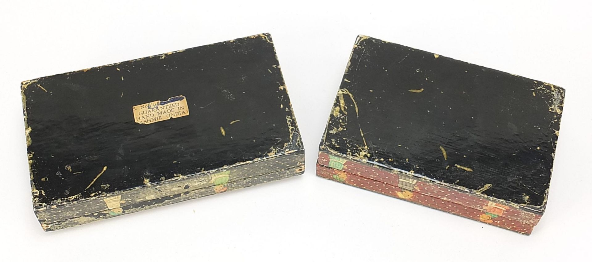 Two Indian Kashmir lacquered boxes and covers hand painted with figures praying, one with paper - Image 5 of 6