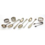 Georgian and later silver including caddy spoon, napkin rings and teaspoons, various hallmarks,