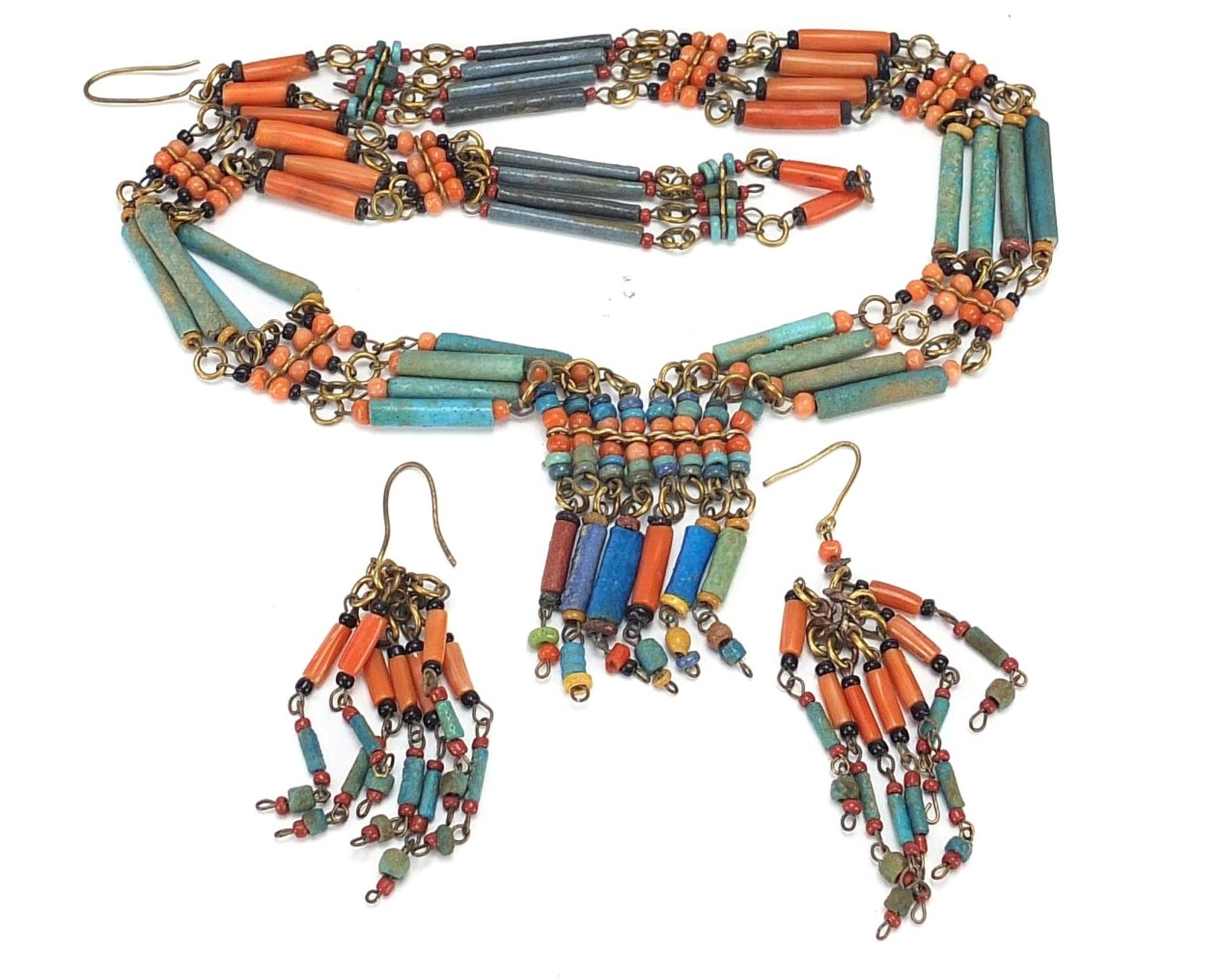 Egyptian Revival fiance type jewellery comprising a necklace and pair of earrings, the largest - Image 2 of 2