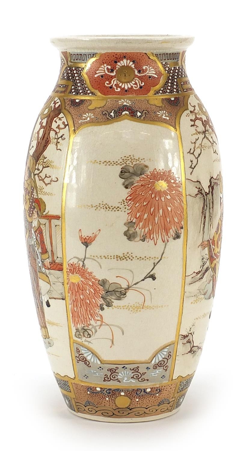 Japanese Satsuma pottery vase hand painted with figures and flowers, 29.5cm high - Image 3 of 9