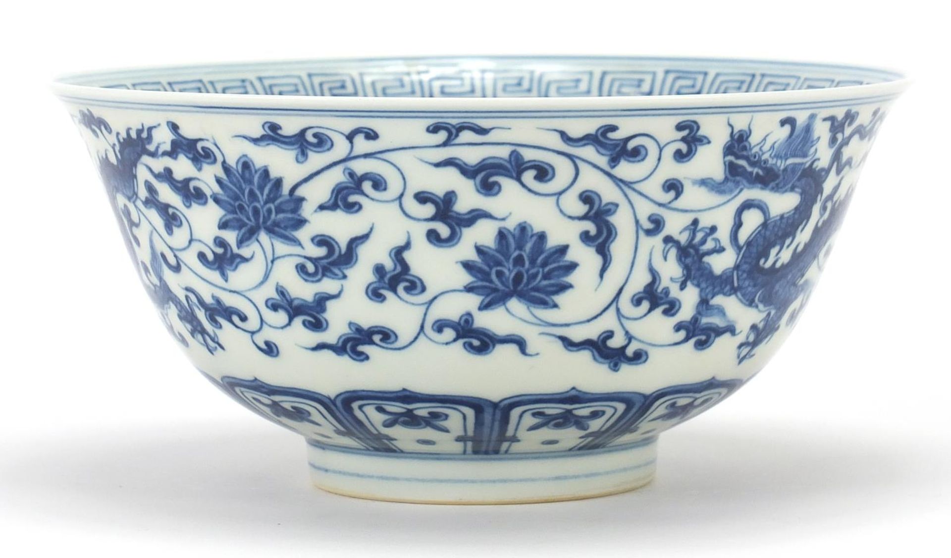 Chinese blue and white porcelain bowl hand painted with dragons, six figure character marks to the - Image 4 of 10