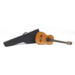 Spanish inlaid wooden acoustic guitar with Telesforo Julve paper label and protective case