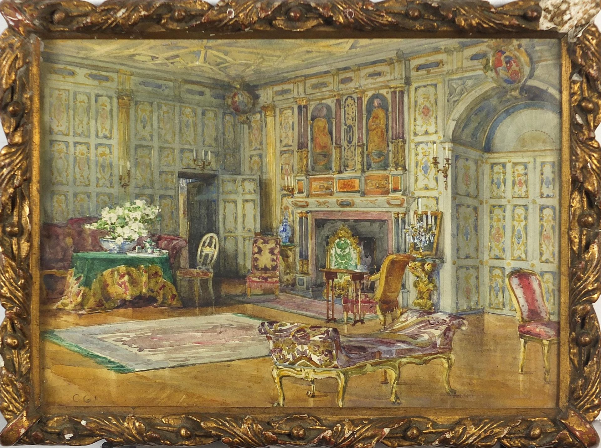Interior scene with chaise longue and flowers, watercolour bearing initials CGK, framed and - Image 2 of 5