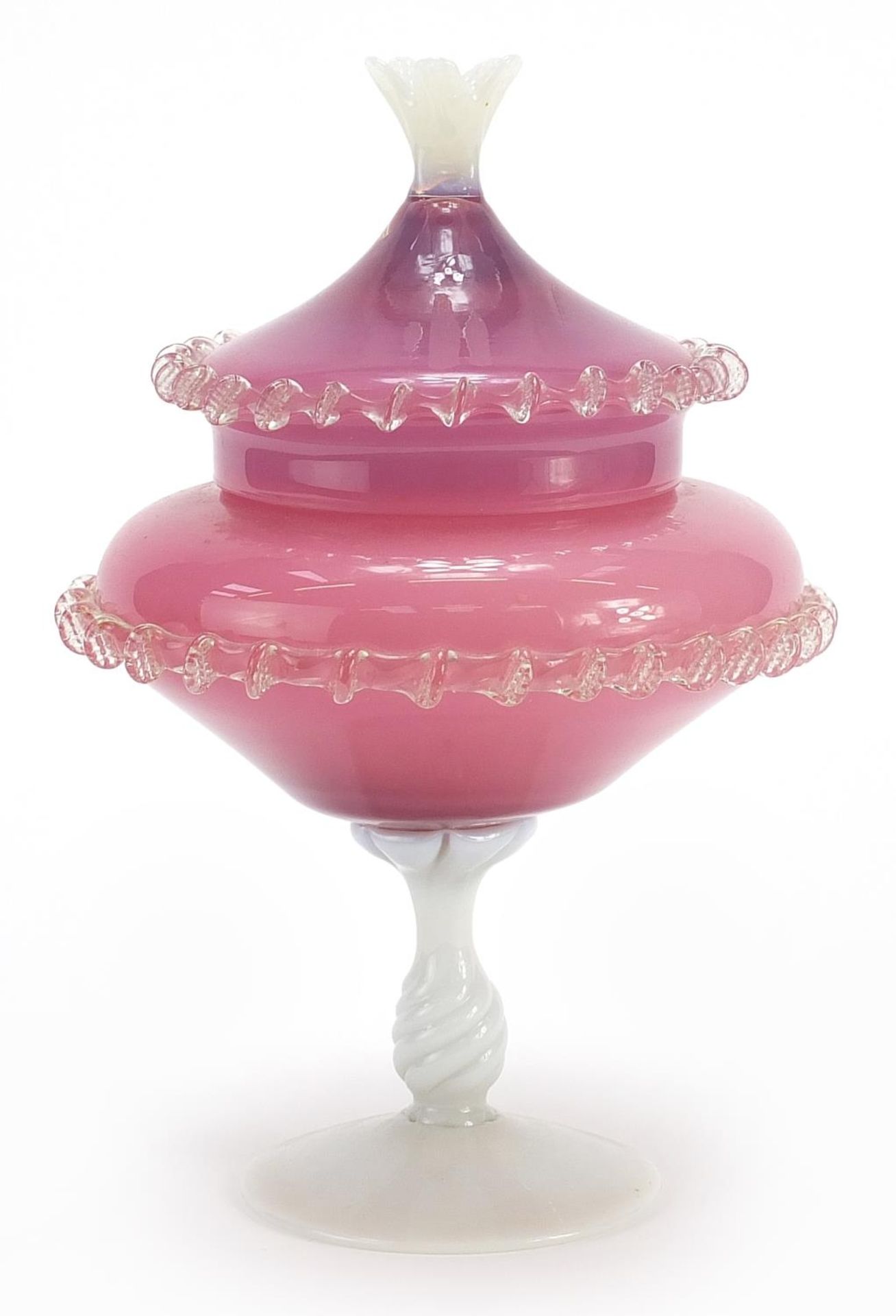 Vaseline and pink glass centerpiece and cover with frilled decoration, 30cm high - Image 2 of 4
