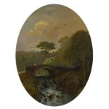 Figures on a bridge before a landscape, late 19th century oval oil on board, signed FHS 1883,