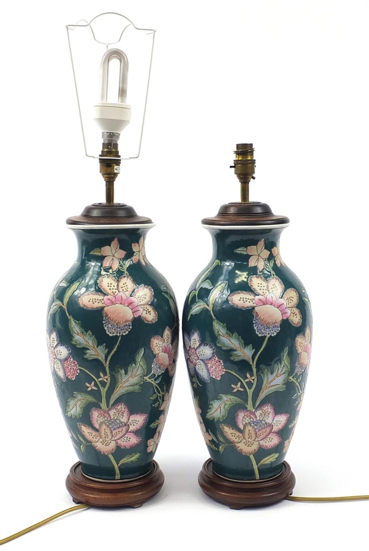Pair of Chinese porcelain vase table lamps hand painted with flowers, each 53cm high - Image 2 of 3