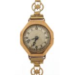 Ladies 9ct gold wristwatch with gold coloured strap, the case 21mm wide, total 12.0g