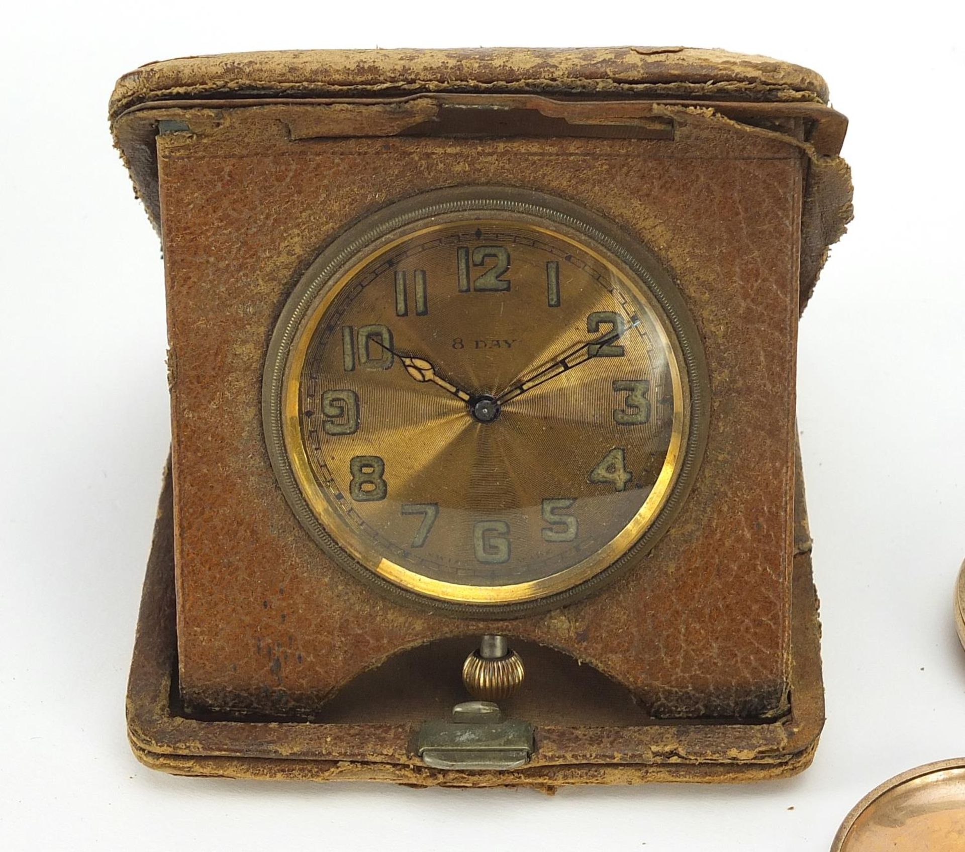 Vintage travel clock and two gold plated full hunter pocket watches comprising Elgin and William - Bild 2 aus 7