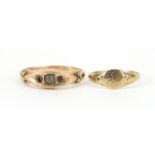 9ct rose gold clear stone ring and a 9ct gold signet ring, sizes H and N, 2.7g