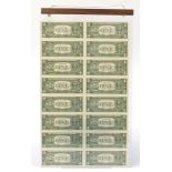 Uncut sheet of sixteen United States of America one dollar bills