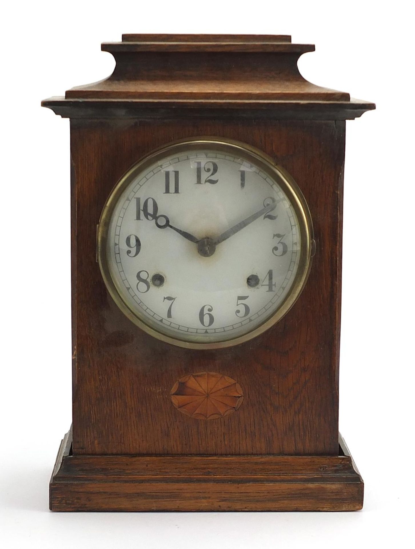 Edwardian inlaid oak mantle clock with painted dial having Arabic numerals, 34cm high - Image 2 of 6