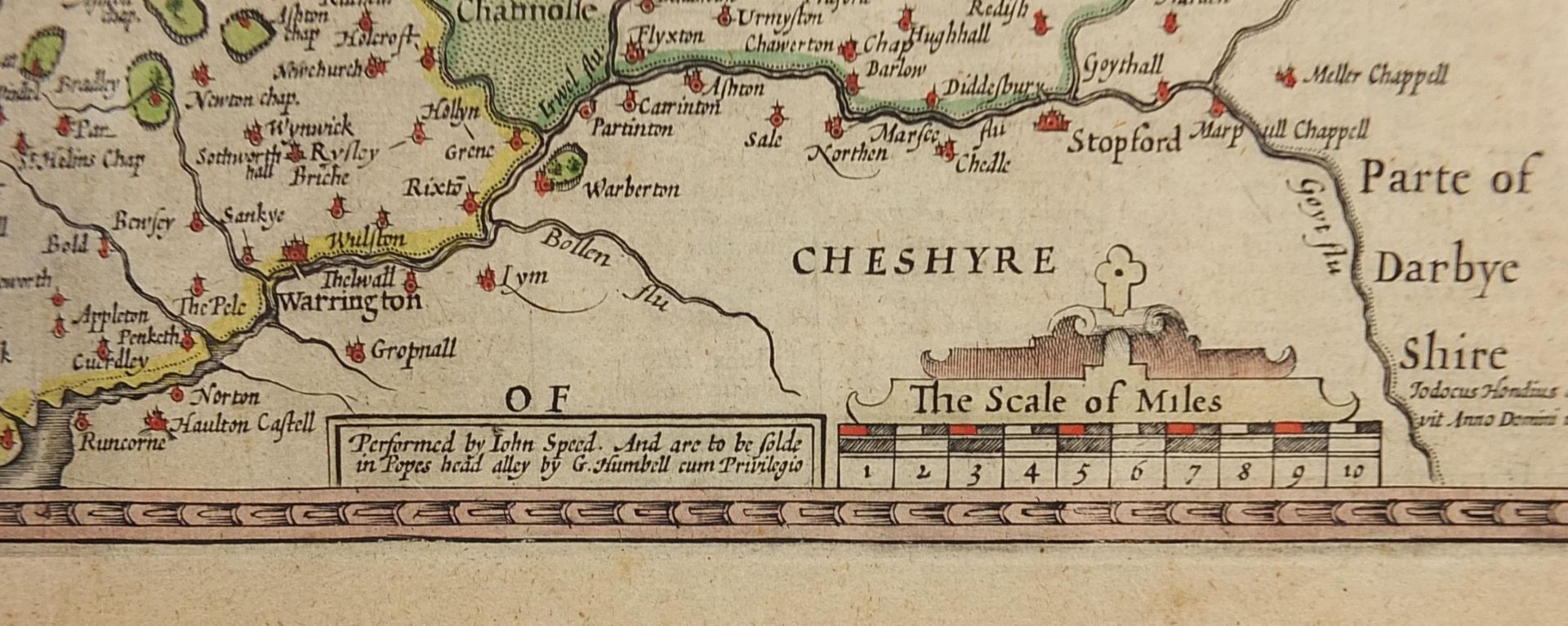 John Speed, Antique hand coloured map of Lancaster, framed and glazed, 55cm x 42cm excluding the - Bild 4 aus 5