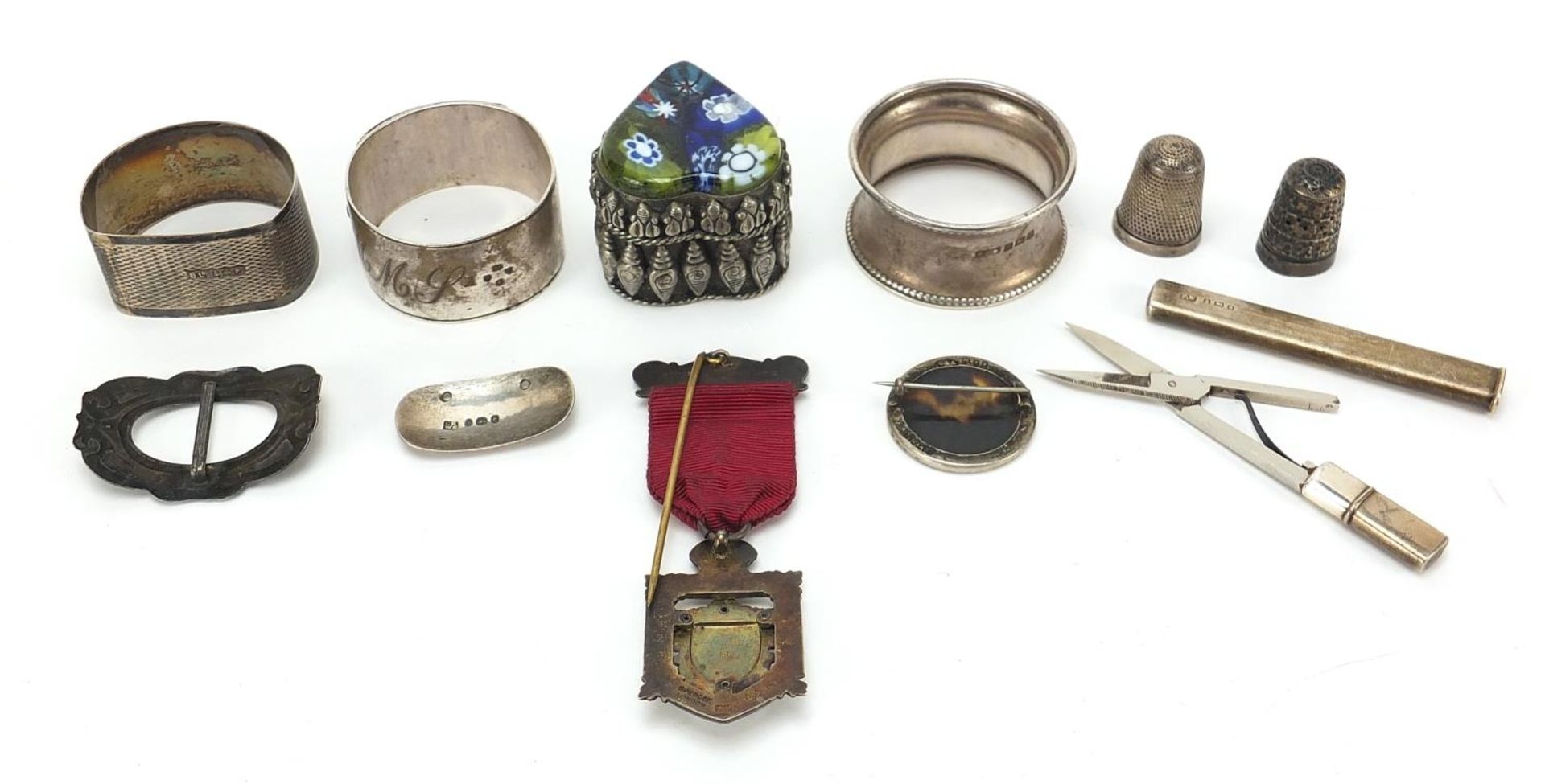 Georgian and later silver objects including R.A.O.B enamel Steward medal, napkin rings, tortoise - Image 4 of 5