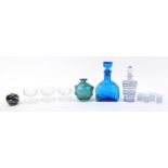Art glassware including a Mdina vase with handles, decanter with four liqueur glasses, three Webb