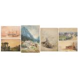 Six 19th century and later watercolours including landscapes and seascapes with ships, one signed