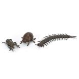 Three Japanese patinated bronze insects comprising centipede with articulated body and two