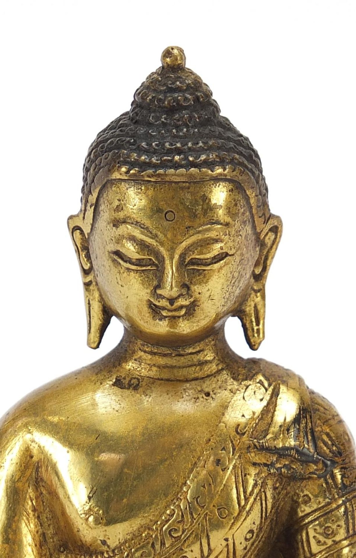 Chino Tibetan gilt bronze figure of seated buddha, 13cm high - Image 2 of 8