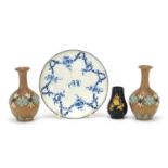 Porcelain and collectables including a pair of small Doulton silicon ware bottle vases, the