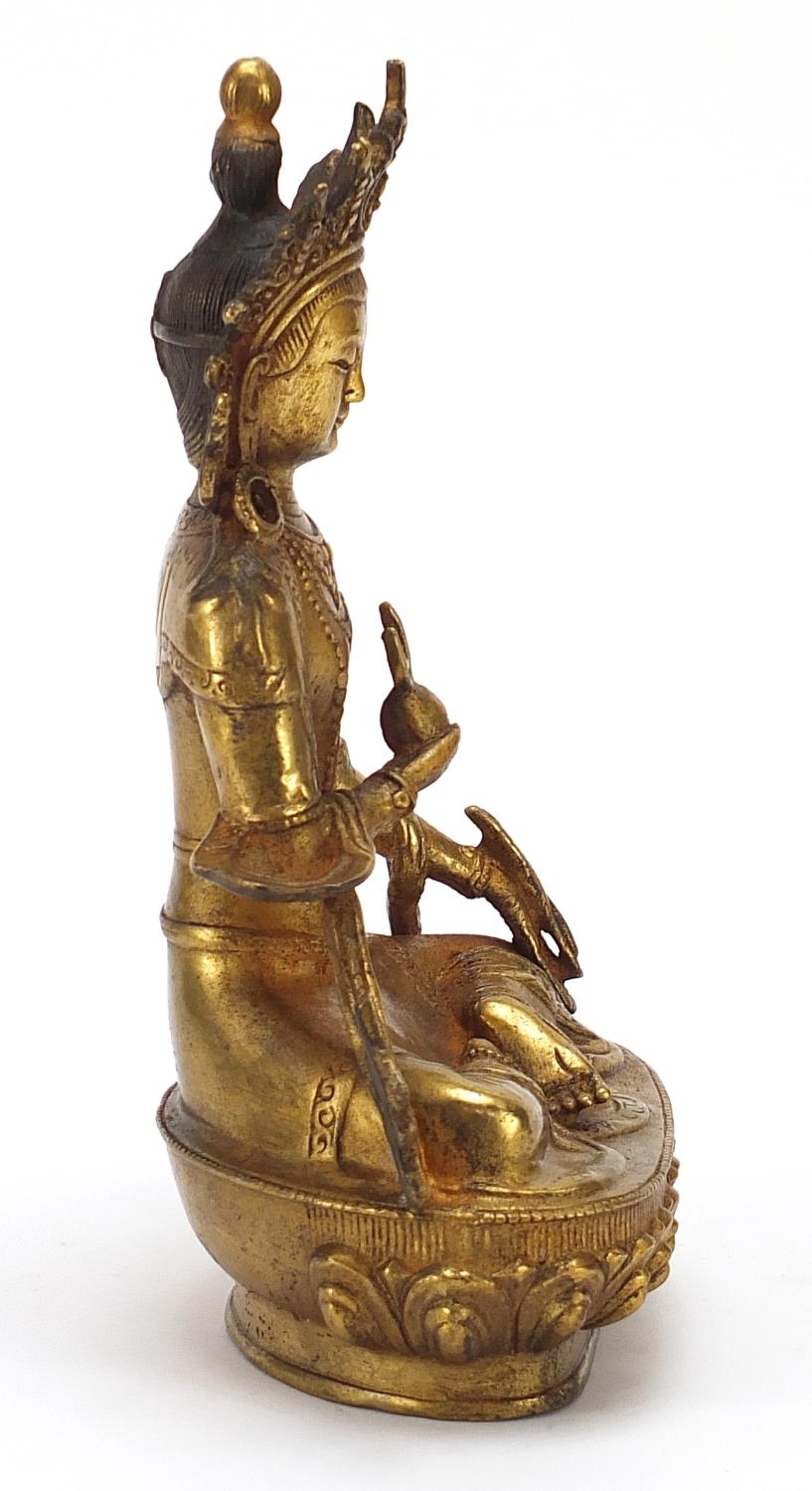 Chino Tibetan gilt bronze figure of seated buddha, 20cm high - Image 5 of 8