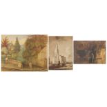Three 19th century watercolours comprising an interior scene, figures on a bridge and church by B