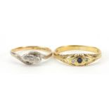18ct gold diamond and sapphire ring and 18ct gold diamond crossover ring, sizes L and S, 5.2g