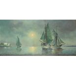 Boats on water, continental oil on canvas, mounted and framed, 101cm x 49.5cm excluding the mount