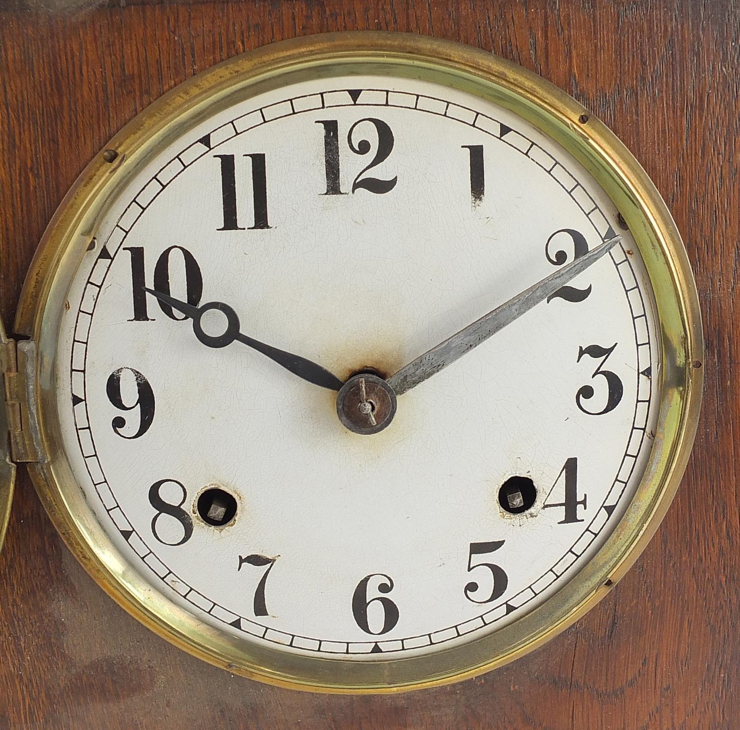 Edwardian inlaid oak mantle clock with painted dial having Arabic numerals, 34cm high - Image 3 of 6